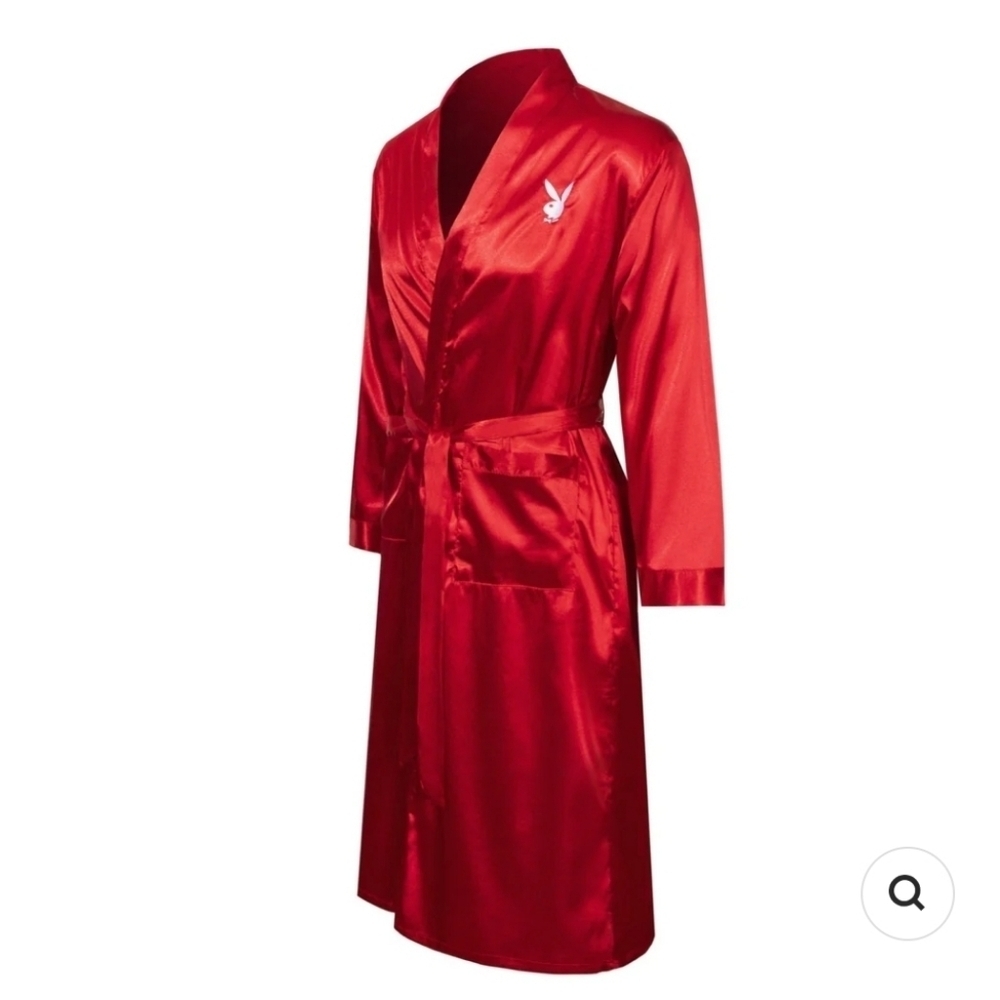 PLAYBOY Vibrant Red Satin Mansion Lounge Robe Unisex